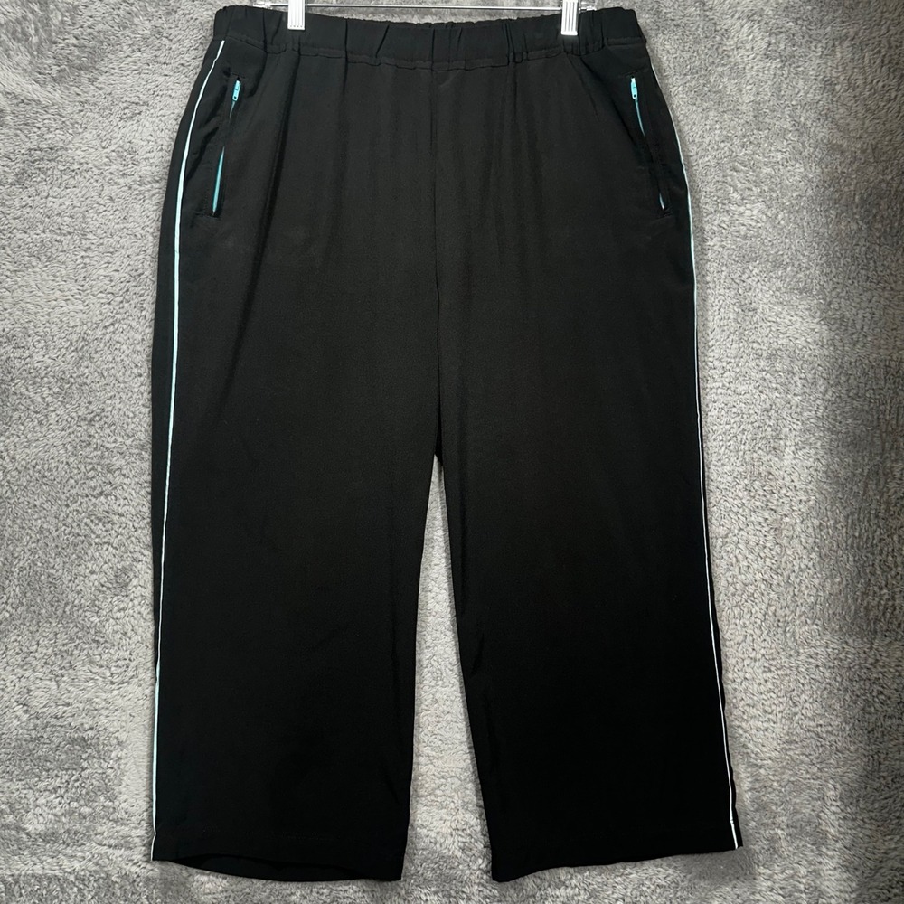 Christopher & Banks Active Pants Womens Large Black Teal Piping Cropped Wide Leg